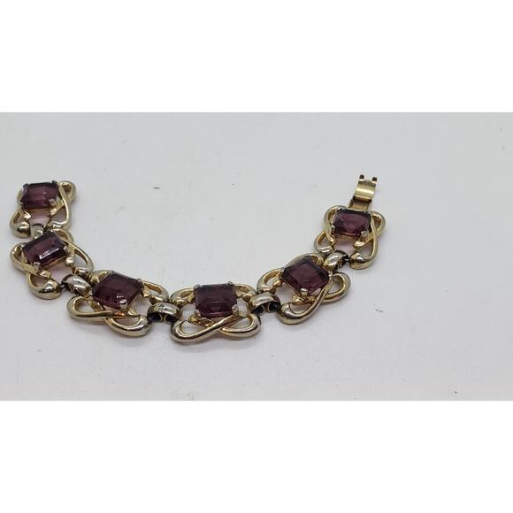 Vintage Link Bracelet Gold Wash Big Purple faceted Glass Stones Chunky Wide 60s - Picture 4 of 10